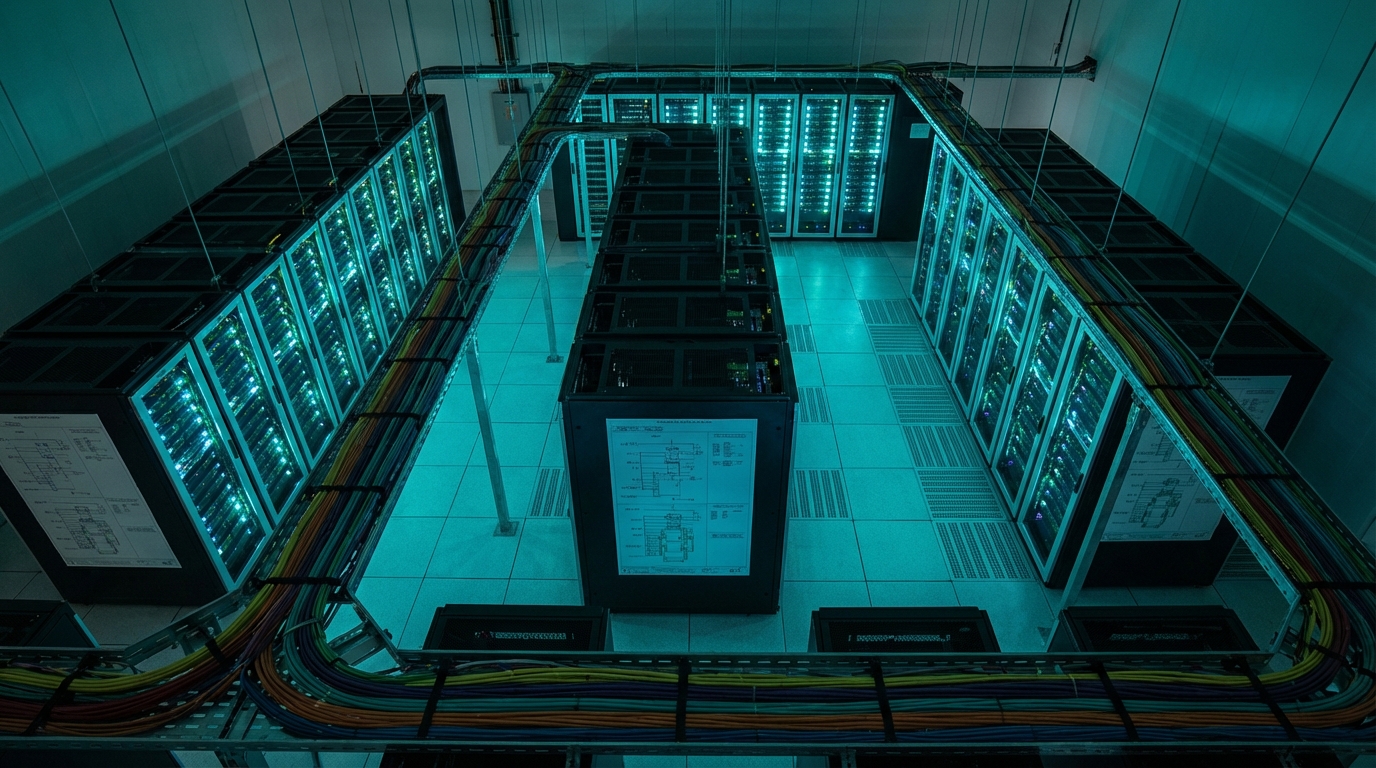 Aerial view of a teal-lit server room representing large-scale engineering infrastructure
