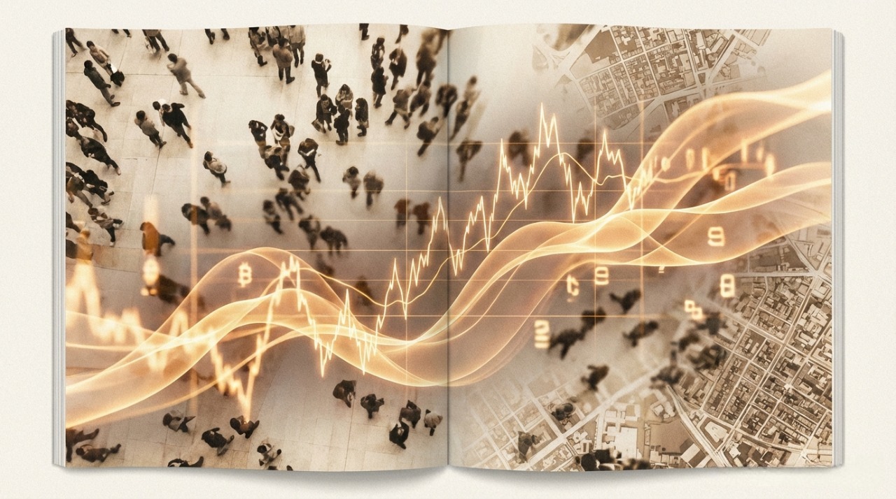 Aerial crowd movement overlaid with glowing market data waveforms representing behavioral and financial patterns